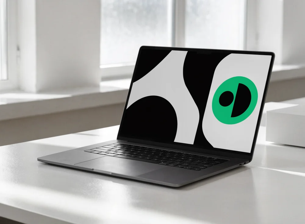 A laptop showing a stylized AI search answer interface