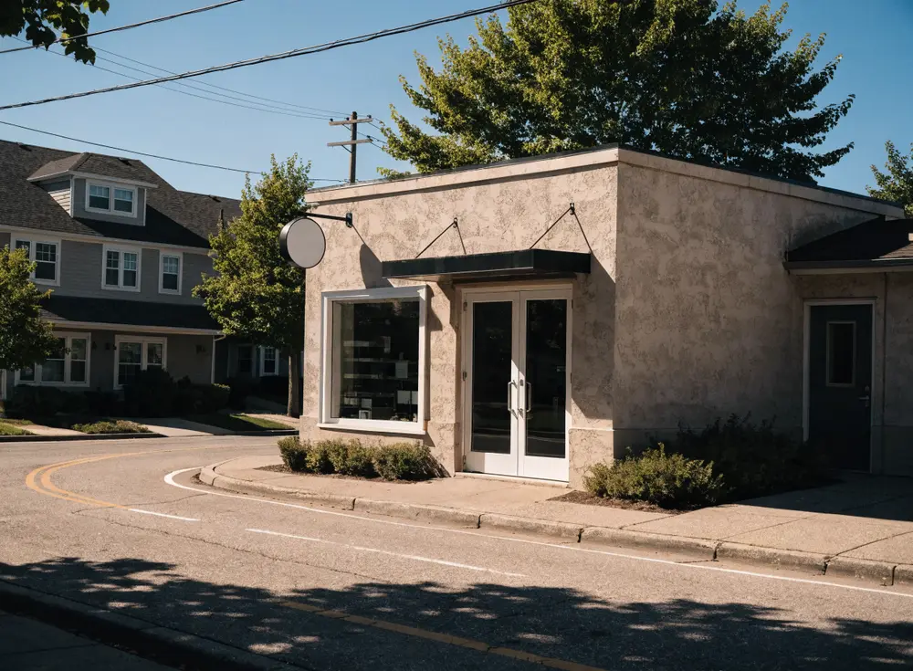 A small local shop on a sunny suburban street, the kind found through Google Maps