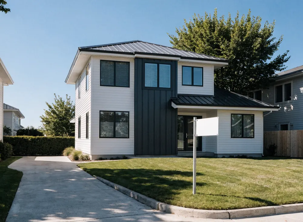 A modern suburban home with a for-sale sign on a bright day