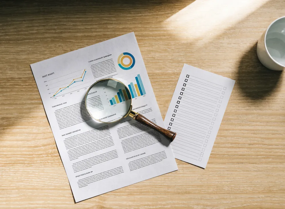 A printed SEO audit report with charts, a magnifying glass and a checklist