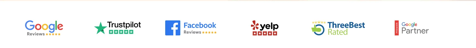 Google Reviews, Trustpilot, Facebook Reviews, Yelp, ThreeBest Rated, and Google Partner